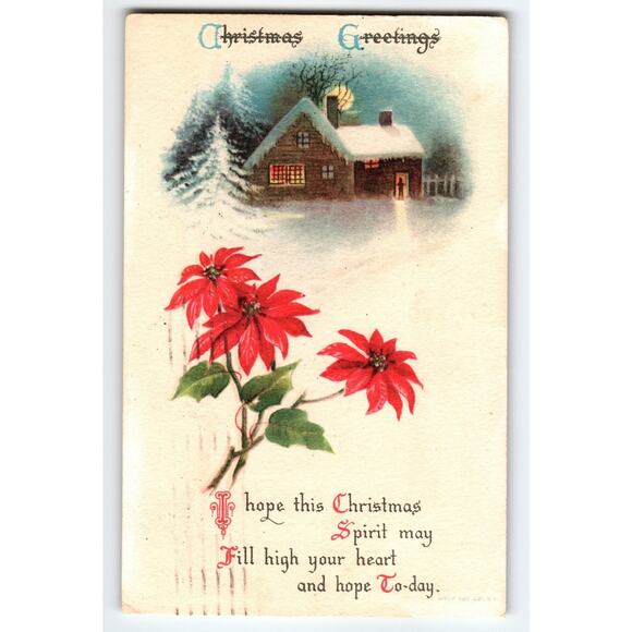 Vintage 1920 Christmas Greetings Postcard with Poinsettias & Snowy House - Picture 1 of 2